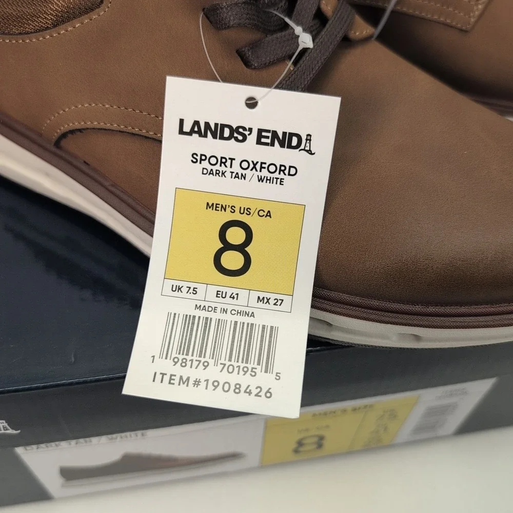 Lands End Sport Oxford Shoes Mens Dark Tan Brown Cushioned White‎ Sole NIB